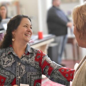 Maria Smyth, president of the LACA having a great time chatting with the people of Lafontaine